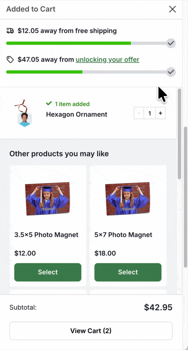 Animated cart showing free-shipping progress and suggested products